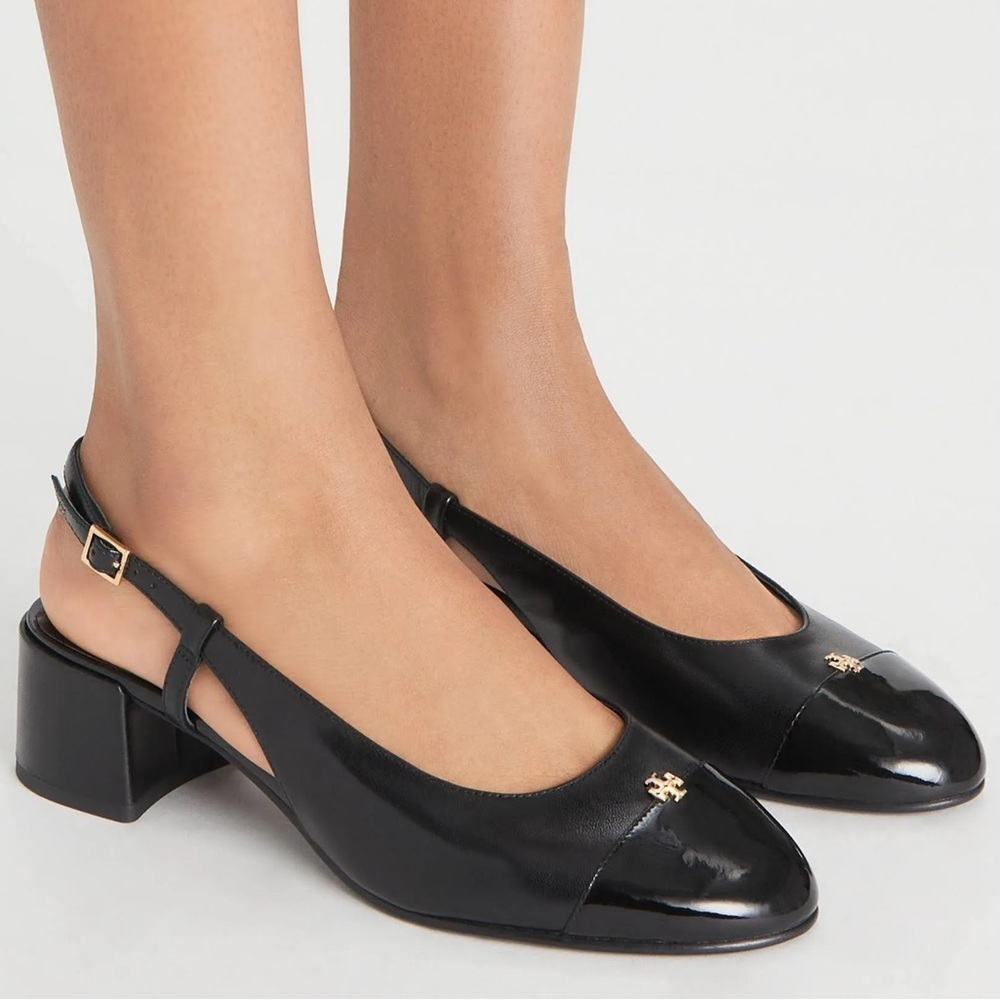 New Tory Burch Cap Toe Slingback Sandals Perfect Black 45 MM